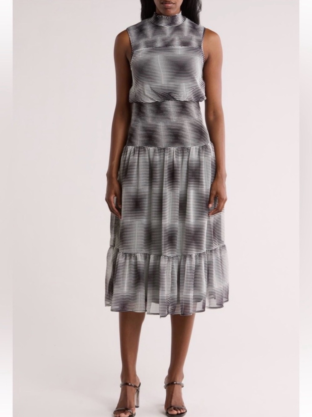 Area Stars Geo Print Sleeveless Smocked Mock Neck Midi Dress NWT Large